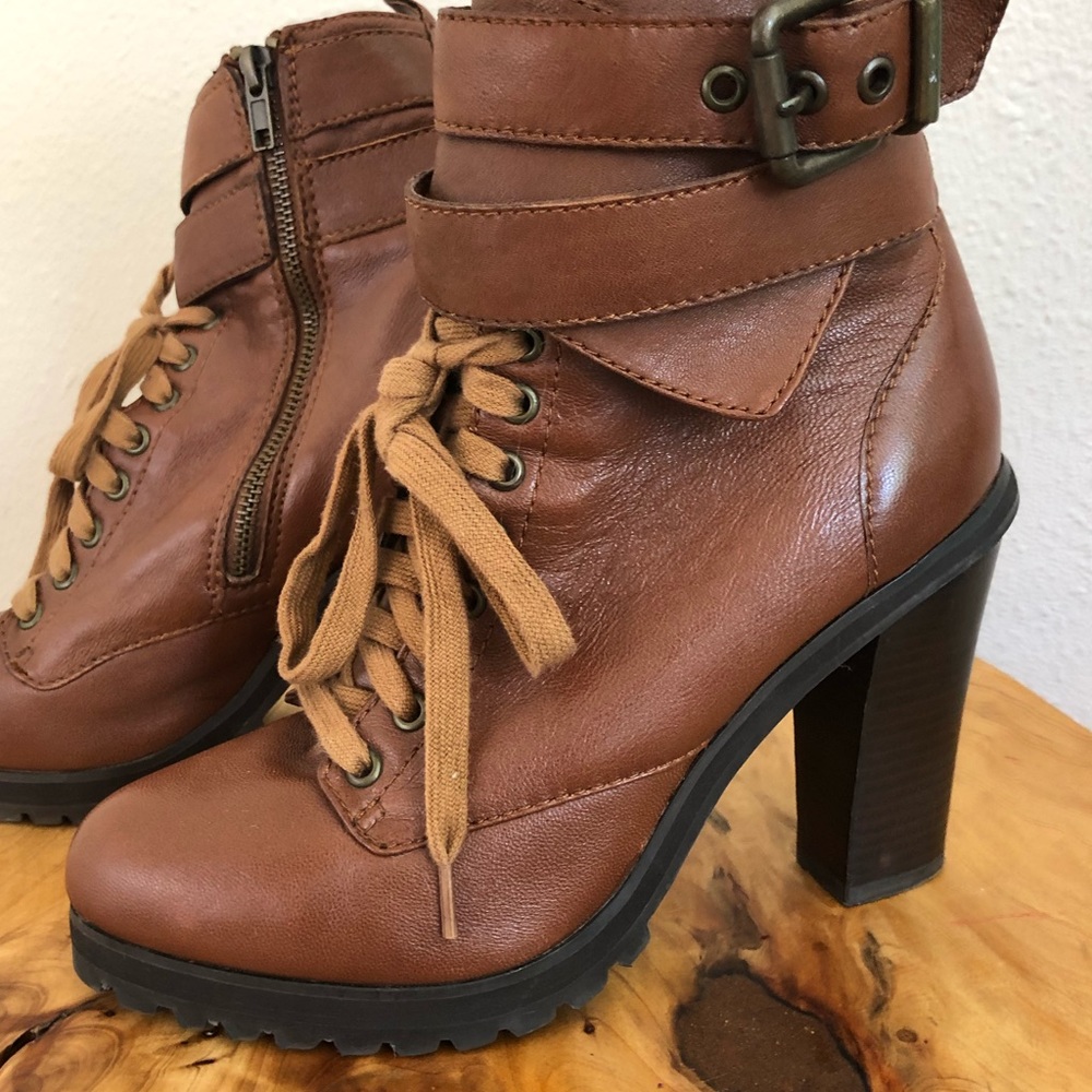 Brown High Heel Ankle Boots (Lace Up + Zipper)